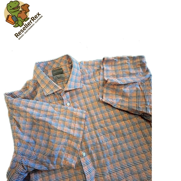 Thomas Dean Mens Plaid Short Sleeve Button Down Shirt XXL Orange Blue White - Picture 1 of 7